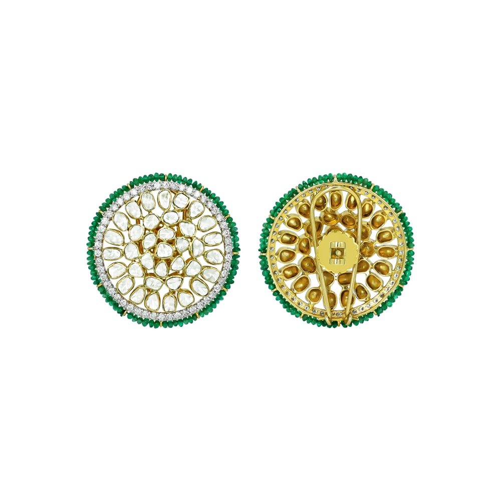 Radial Polki Studs with Diamond Halo and Emerald Bead Edge